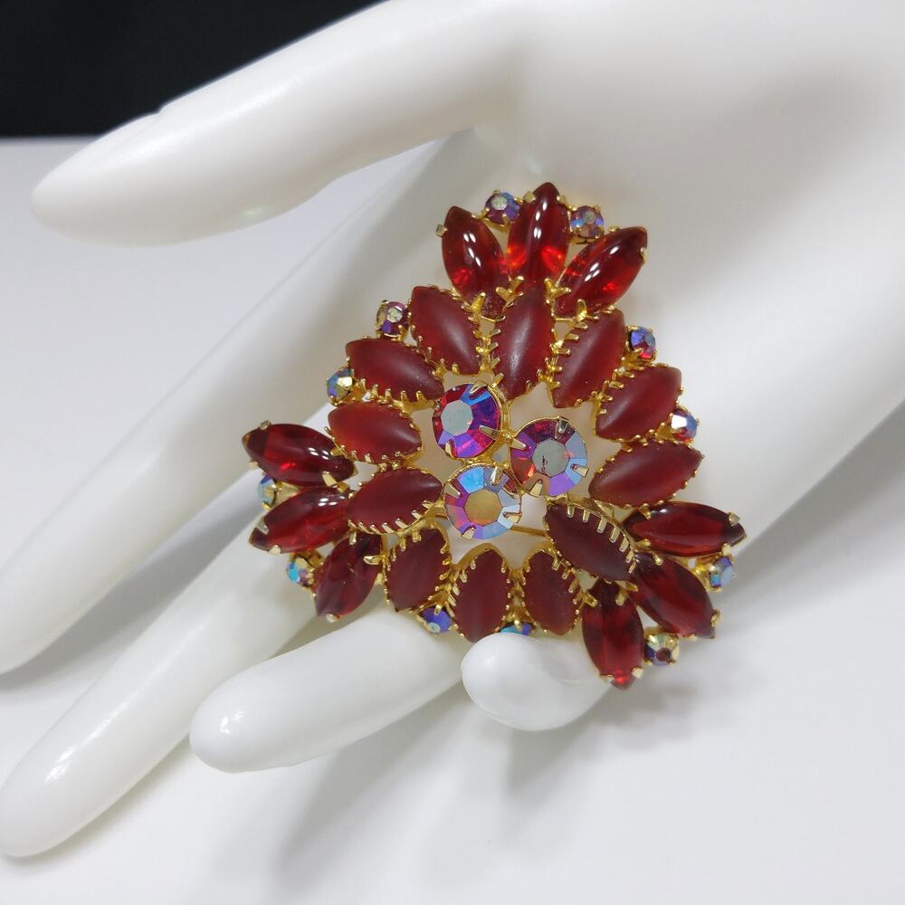 Red Art Glass & Rhinestone Brooch, Gold Plated, Juliana Style, 1960s Vintage